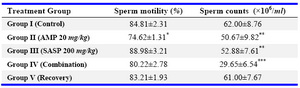 Table 3. Effect of drug treatments after 45 days on sperm motility and sperm count in wistar rats
values are expressed as Mean±SEM (n=8),* p≤0.05, ** p≤0.01, ***p≤0.001 when compared with control group
