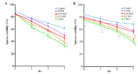 Figure 1. Effect of Candida spp. on sperm viability. C. albicans (a), C. glabrata (b) at three concentrations (0.05, 0.5 and 2.0 McF) and their SFFM on sperm viability at 0, 1, 2 and 3 hr of incubation. The data are presented as median and a range of seven (C. albicans) or three (C. glabrata) independent experiments with duplicate determinations.
*: p&lt;0,05; **: p&lt;0,01; ***: p&lt;0,001, ****: p&lt;0,0001. SFFM: Soluble factors of fungal metabolism