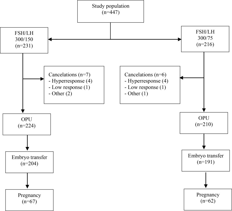 Figure 1. Flow chart of the study population, including both groups of FSH/LH 300/150 and FSH/LH 300/75