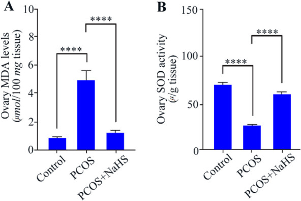 Figure 1 Changes in ovarian malondialdehyde (MDA) levels (A) and superoxide dismutase (SOD) activity (B) in different groups (n=6). Data are expressed as mean±SEM. 
# indicates p<0.0001 compared to the control group. * indicates p<0.0001 compar