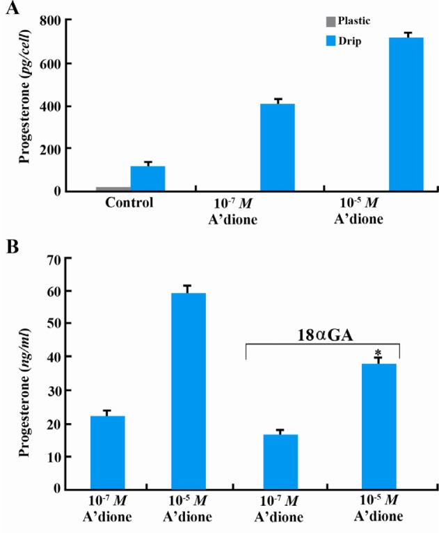 Figure 4 Androstenedione induces progesterone production in GC cultures in a GJIC-dependent manner. A. GCs on day 4 of culture on EHS-drip in the absence (control) or presence of 10−7
M or 10−5
M androstenedione. Progesterone production is enhanced b