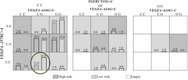Figure 2. Distribution of high- and low-risk genotypes in the best three-locus model VEGFA (-634G>C (rs2010963), -2578C>A) (rs699947). High- (Dark shading) and low-risk (Light shading). The number of pregnancy loss subjects (Left black bar in b