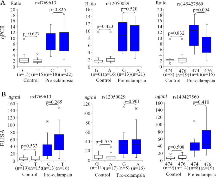 Figure 2. Analysis of the correlations between FLT1 gene expression, the serum concentrations of sFlt-1, and the three FLT1 variants. A) Comparison of the placental mRNA levels by variant allele-type. Data for rs4769613 (left), rs12050029 (center), a