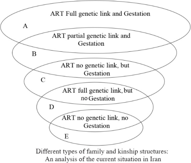 Figure 1. Natural fertilization (Circle A), Fertilization with the aid of ART (Circle B), Fertilization and the pregnancy occurs using a third person’s sperm/oocyte (Circle C), Pregnancy with the couple’s sperm or oocytes when a surrogate mother is u