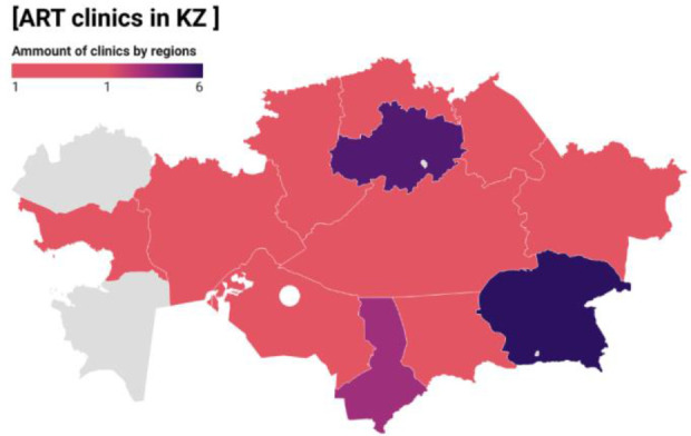 Figure 1. Map of Kazakhstan with the number of clinics