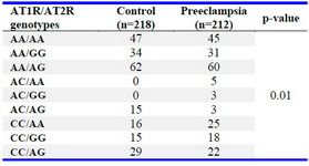 Table 4. Combined genotype of AT1R/AT2R genes in preeclampsia compared with healthy women