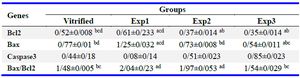 Table 3. Expression of genes related apoptosis in the vitrified and experimental groups
The expression of genes was compared to the housekeeping gene (HPRT) in vitrified and experimental groups; 1: Bcl2. 2: Bax. 3: Bax/Bcl2. 3: caspase3. Data are shown as mean&plusmn;SE. a: significant difference compared to the vitrified. b: Significant difference compared to exp1. c: Significant difference compared to the exp2. d: Significant difference compared to the exp3 (p&lt;0.05)