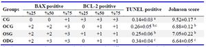 Table 3. Median (50%) and interquartile range values of BAX, BCL-2 positive cells of groups
* Johnson Score and TUNEL method (mean&plusmn;SD). Different superscripts in the same columns indicate a significant difference (a-c: p&lt;0.05)