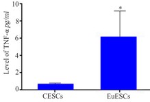 Figure 2. The concentration of inflammatory cytokine, TNF-&alpha; protein, produced in cell culture supernatants of EuSCs and CESCs. The EuESCs released higher levels of TNF-&alpha; than CESCs evaluated by ELIZA. 
Data are presented as mean&plusmn; SD (p&le;0.01*)