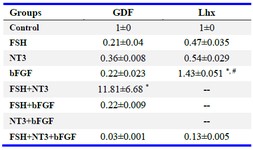 Table 4. Effect of bFGF, FSH, and NT3 on expression of transition marker by qRT-PCR
Lhx was up-regulated in response to bFGF treatment compared to untreated control. GDF was up-regulated in response to FSH+ NT3 treatment compared to untreated control. Values are mean fold changes obtained with respect to untreated controls. Data are expressed as means&plusmn;SEM. 
&#8270; Compared to control group. # Compared to other groups (p&lt;0.05)