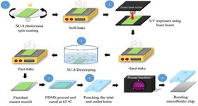 Figure 2. Fabrication process of sperm-sorting microfluidic chips using photolithography for our designed master mold (steps 1&ndash;3) and soft lithography for a PDMS-based microfluidic chip (steps 4&ndash;6). PDMS, polydimethylsiloxane
