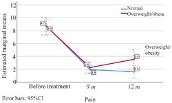 Figure 4. Changes in pain intensity at different times in patients with normal and high BMI