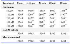 Table 1.  Effect of curcumin on human sperm forward motility (%)*
* Mean±SD; ** Versus control, significantly different (p<0.001); all others non-significant 
