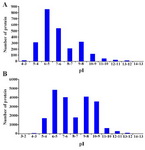 Figure 1. A: pI distribution of collected human seminal plasma proteome. B: pI distribution of theoretical human proteome