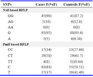 Table 1. Genotypic and allelic frequencies of NsiI SNP within the exon 8 (A/G) and PmlI SNP within the exon 17 (T/C) of the INSR gene in studied groups