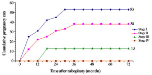 Figure 1. Cumulative intra uterine pregnancy rate with respect to tubal stage


(Curves tubal stage 1 and 2: log-rank c2: 2, 4; p=0.1)


(Curves tubal stage 1 and 3: log-rank c2: 9; p=0.02)