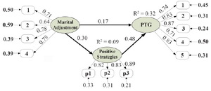 Figure 2. The mediatory model of positive religious coping strategies predicting posttraumatic growth through marital adjustment.
Note that in the latent variable marital adjustment, 1=marital satisfaction, 2=marital cohesion, 3=marital consensus, and 4= affective expression. In the latent variable positive religious coping strategies, p1 is the combination of items 1, 5, 13, and 17, p2 is the combination of items 6, 20, and 21, and p3 is the combination of items 10, 11, and 19. In the latent variable posttraumatic growth, 1=relating to others, 2=new possibilities, 3=personal strength, 4=spiritual change, and 5= appreciation of life
