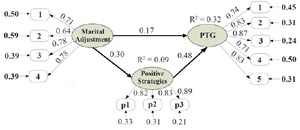 Figure 2. The mediatory model of positive religious coping strategies predicting posttraumatic growth through marital adjustment.
Note that in the latent variable marital adjustment, 1=marital satisfaction, 2=marital cohesion, 3=marital consensus, and 4= affective expression. In the latent variable positive religious coping strategies, p1 is the combination of items 1, 5, 13, and 17, p2 is the combination of items 6, 20, and 21, and p3 is the combination of items 10, 11, and 19. In the latent variable posttraumatic growth, 1=relating to others, 2=new possibilities, 3=personal strength, 4=spiritual change, and 5= appreciation of life
