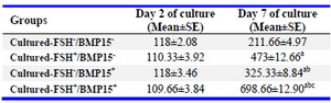 Table 4. The level of progesterone (ng/ml) in collected media during culture period
a: Significant differences with cultured-FSH-/BMP15- group in the same column (p&lt;0.05), b: Significant differences with cultured-FSH+/BMP15- group in the same column (p&lt;0.05), c: Significant differences with cultured-FSH-/BMP15+ group in the same column (p&lt;0.05)
