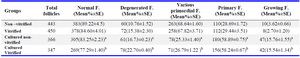 Table 2. The number of different follicles at developmental stages in all groups of study
a: Significant differences between cultured non-vitrified and non-vitrified group in the same column (p&lt;0.05)
b: Significant differences between cultured vitrified and vitrified group in the same column (p&lt;0.05)