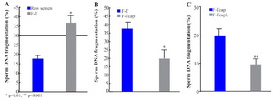 Figure 1. Percentage of sperm DNAf in fresh raw (FR) and frozen-thawed (F-T) samples. Horizontal line corresponds to cutoff value of the test; n=15 (Figure 1A). Percentage of sperm DNA fragmentation in capacitated (F-TCap) and non-capacitated (F-T) samples before freeze-thaw cycle; n=15 (Figure 1B) and capacitated samples with (F-TCapL) or without (F-TCap) leptin addition before freeze-thaw cycle; n=15 (Figure 1C). Data are represented as mean and standard error
